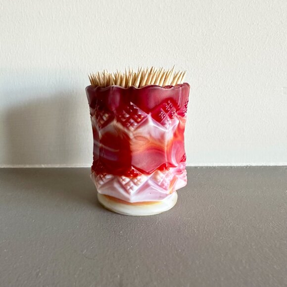 Vintage Imperial Glass Toothpick Holder Red White Slag Diamond Pattern - Picture 2 of 6